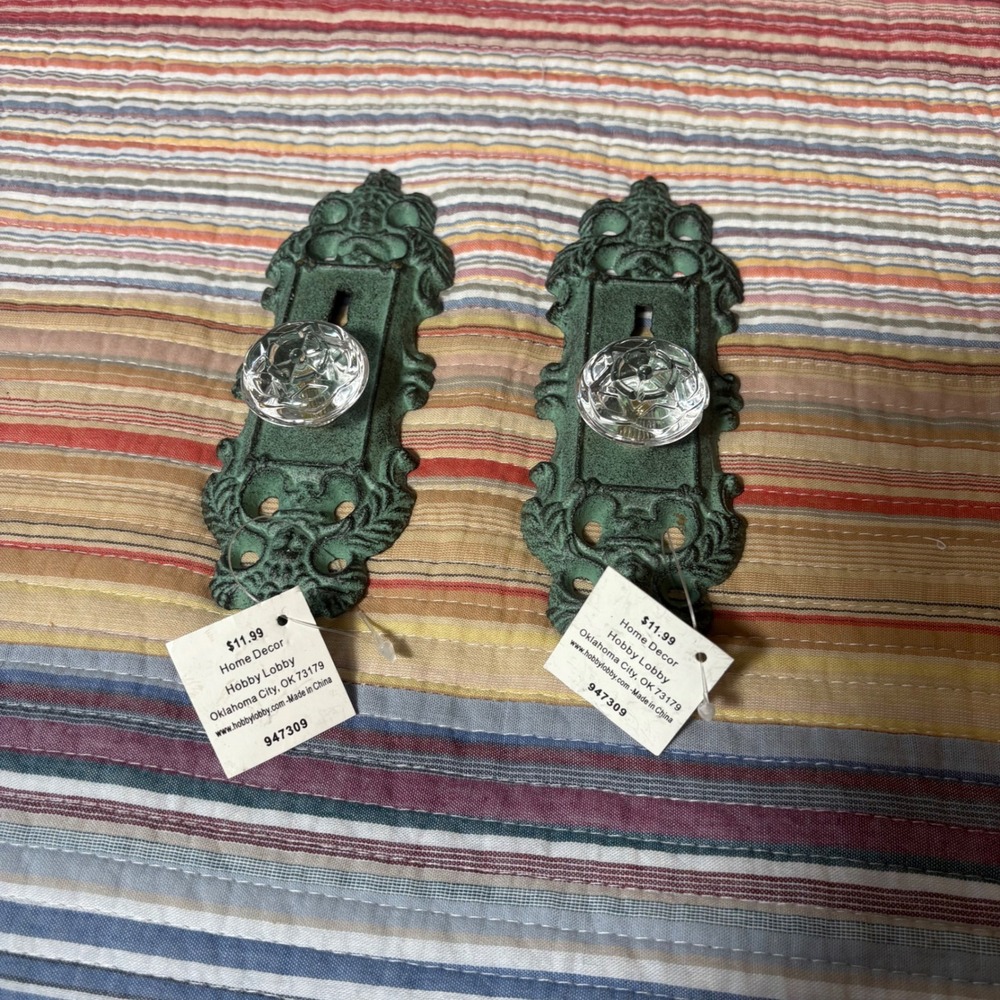 Hobby Lobby Verdigris Green Cast Iron Glass Knob Wall Decor Set of 2 947309